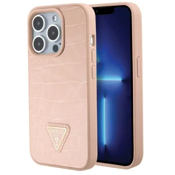 Guess iPhone 15 Pro Max Case Croco Triangle Metal Logo, Pink