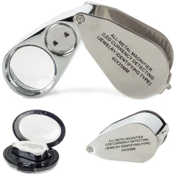 Folding Pocket Magnifying Glass with LED and UV, 40x25mm