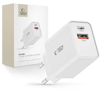 Tech-Protect NC30W USB-C PD 30W / USB-A QC 3.0 Charger - White