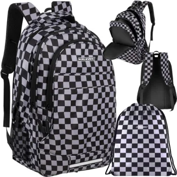 Kruzzel 30L Backpack with Shoe Bag, Checkered, Black