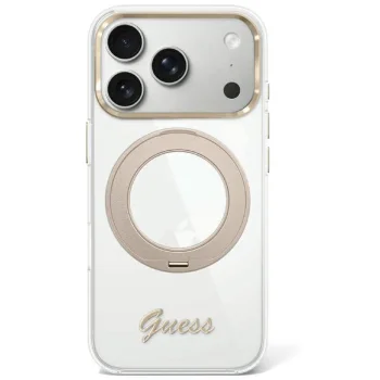 Guess IML Ring Stand 360 Script Metal Logo MagSafe Case for iPhone 17/18 Pro Max, Clear