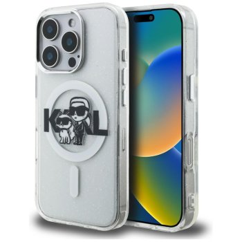 Karl Lagerfeld IML Glitter Karl & Choupette MagSafe Case for iPhone 16 Pro Max, Clear