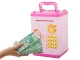 Interactive safe-style money box with PIN code for banknotes and coins, pink