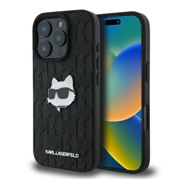 Apple iPhone 16 Pro 6.3'' Karl Lagerfeld Monogram Choupette Head Pin Cover Case, Black