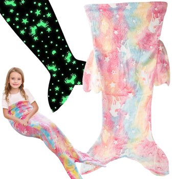 Glow in the Dark Mermaid Tail Blanket for Girls, Soft Fleece Wearable Sleeping Bag, Rainbow