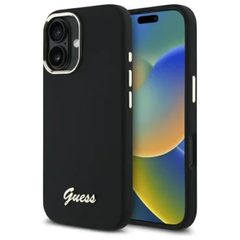 Dėklas Guess Silicone Script Metal Logo & Frame iPhone 16 Plus, juodas