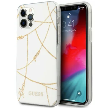 Guess Gold Chain dėklas telefonui iPhone 12 Pro Max 6.7", Baltas