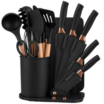Silicone Kitchen Utensils and Knife Set with Stand, 19 Pieces, Black