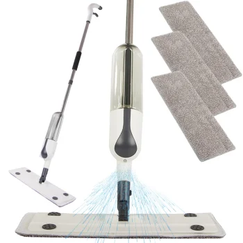 Flat mop with spray, rotating, 3 microfiber pads, white