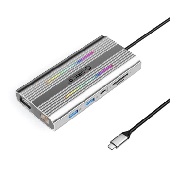 Orico XDR 12-in-1 RGB USB-C Docking Station with HDMI 4K, VGA, PD 100W, RJ45 and Card Reader - Silver