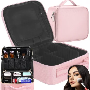 Travel Makeup Organizer Case with Adjustable Dividers, Pink