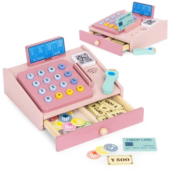 Multistore Wooden Kids Cash Register with Scanner and Money