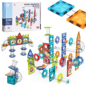 Magnetic tiles marble run 113 piece 3D building blocks STEM toy for kids