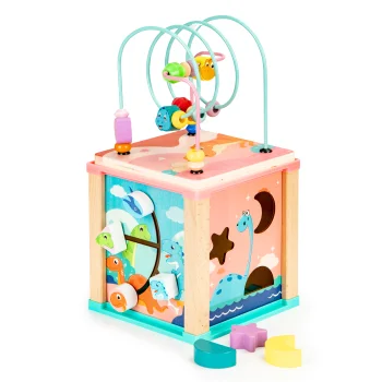 ECOTOYS Dino Wooden Activity Cube with Bead Maze and Shape Sorter