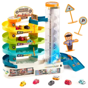 4-Level Toy Parking Garage with Electric Elevator and 6 Cars