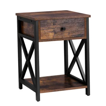 Industrial End Table with Drawer and Storage Shelf, Rustic Brown and Black