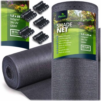 Plonos 1.2x25m 140g/m² Shade Net with 50 Clips, Grey