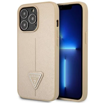 Guess Saffiano Triangle Logo iPhone 14 Pro Case, Beige