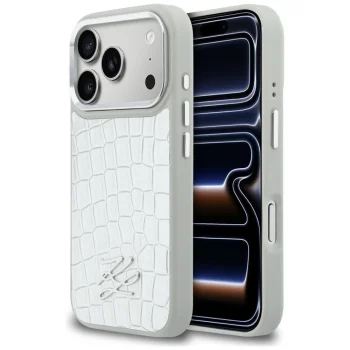 Karl Lagerfeld Croco KL Script Logo MagSafe Phone Case Cover iPhone 17 Pro Max - silver