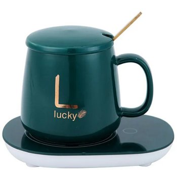 Electric Mug Warmer Set with Ceramic Mug, Lid, and Spoon, Green