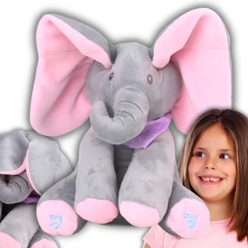 Interactive Peek-a-Boo Elephant Plush Toy with Moving Ears, Pink and Grey, 30 cm