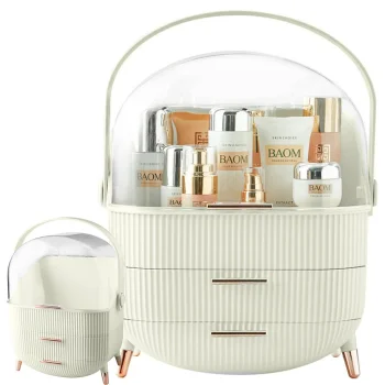 Cosmetics Organizer with Drawers and Handle, White / Ecru