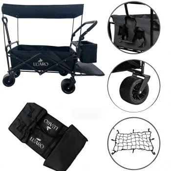 LUARO Folding Utility Beach Wagon with Canopy and Net, Black