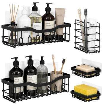 Hanging Bathroom Shelf Set, Metal, Black, 5 pcs