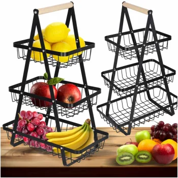 Three-Tier Fruit and Vegetable Basket, Metal and Wood, Black