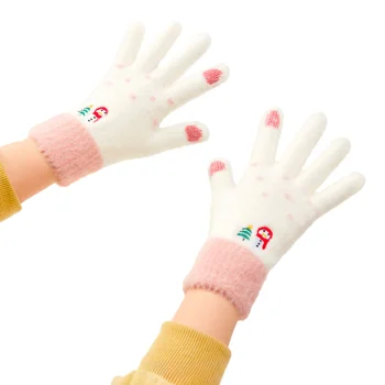 Women's Winter Touchscreen Gloves with Snowman and Tree Pattern, White and Pink