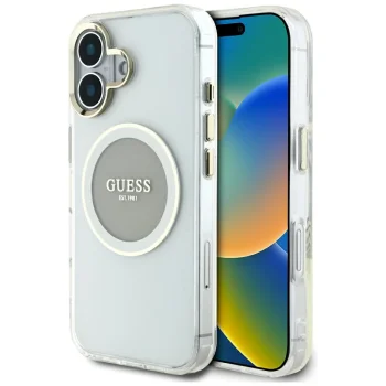 Guess IML Metal Colored Circle Classic Logo MagSafe dėklas telefonui iPhone 16, pilkas