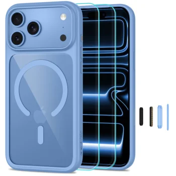 Tech-Protect MagOne CC MagSafe Case and 2-Pack Tempered Glass for iPhone 18 Pro / 17 Pro, Clear Blue