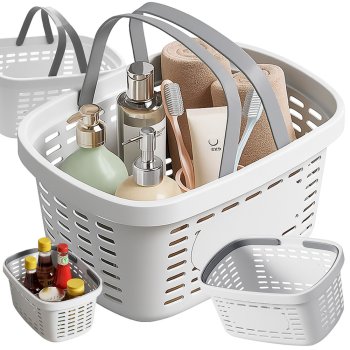 Glabāšanas grozs ar rokturiem vannas istabai, kosmētikas un piederumu organizators, balts-pelēks