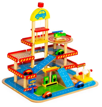 Large Wooden Toy Garage with Elevator and Cars ECOTOYS
