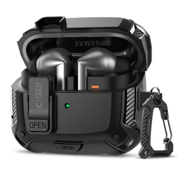 Ausinių dėklas Tech-Protect Samsung Galaxy Buds 3 / 3 FE / 3 Pro su karabinu, juodas