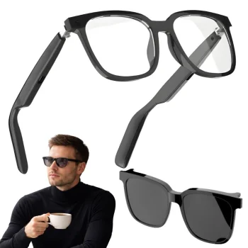 Black Bluetooth smart glasses with speakers and sun clip-on