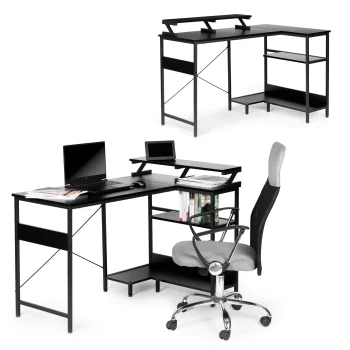Corner computer desk with 3 shelves ModernHome, black
