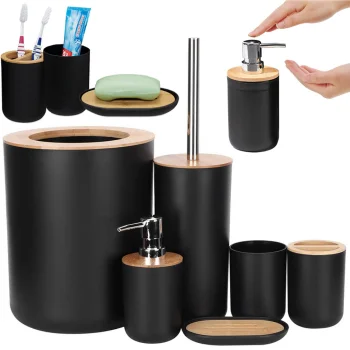 6-in-1 Bathroom Accessories Set, Matte Black/Bamboo