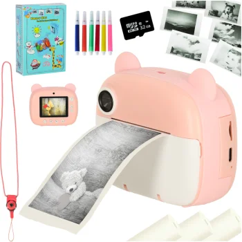 Kids Instant Print Camera Bear, 1080p, Pink