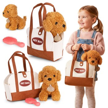 Plush Poodle Dog in a Purse with Grooming Brush Toy for Kids, Brown
