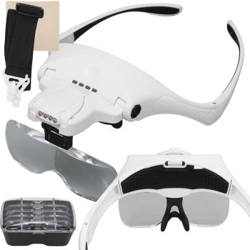 Rechargeable Head Magnifier Glasses with 4-LED Light & 5 Lenses, White
