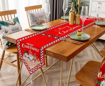 Christmas Table Runner with Snowman, 205x35 cm, Red