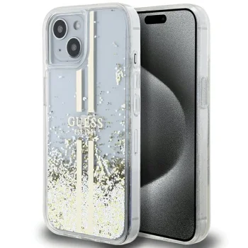 Guess iPhone 15 Plus / 14 Plus Case Liquid Glitter Gold Stripes, Transparent