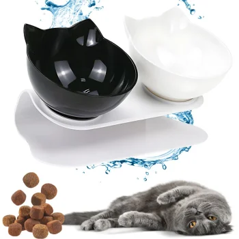 Double Pet Bowl on Stand for Cats and Dogs 2x400ml, Black and White
