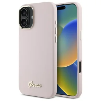 Guess iPhone 16 Plus Case Silicone Script Metal Logo & Frame, Pink
