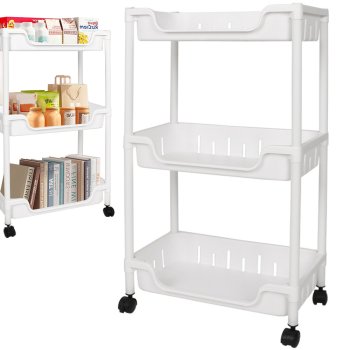 Bathroom shelf kitchen cabinet mobile bookcase on wheels 3 levels hooks