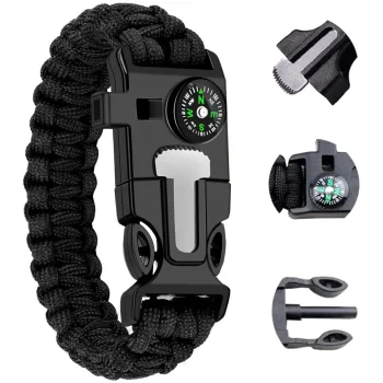5-in-1 Survival Bracelet with Compass, Flint and Whistle, Black