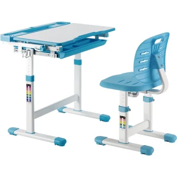 Height Adjustable Kids Desk and Chair Set, White/Blue