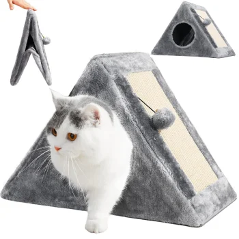 Triangular Cat Scratcher with Hideout Cave and Toy Ball, Grey