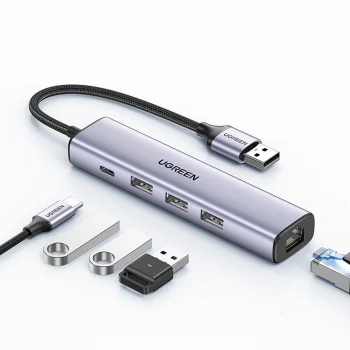Ugreen CM475 USB 3.0 Hub Adapter with RJ-45 Ethernet and USB-C PD, Gray